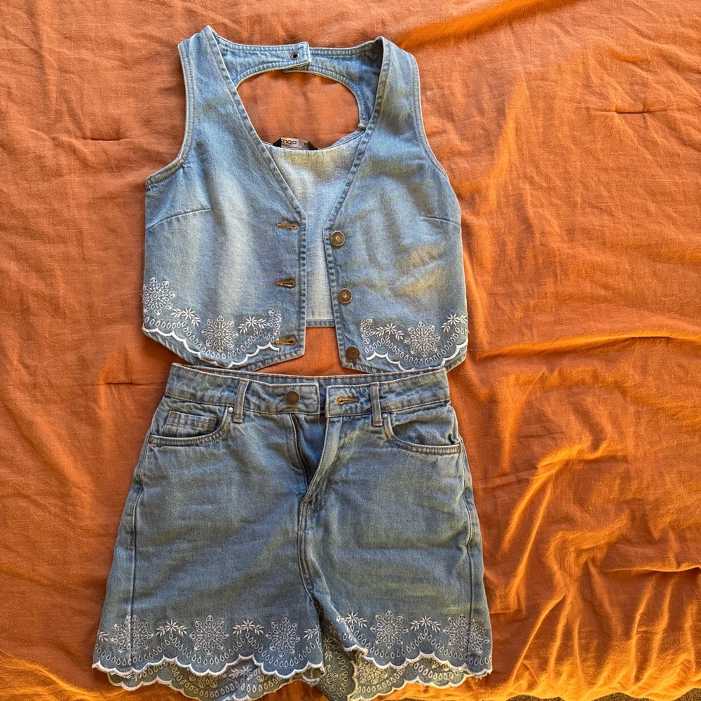 Denim Vest and Shorts Set with Embroidered Details